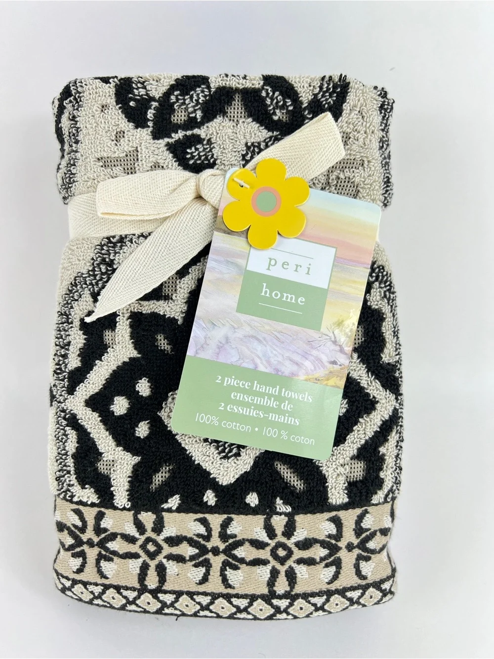 Peri Home Hand Towel Set Black Cream Floral Design 100% Cotton 2 Pc Set NEW